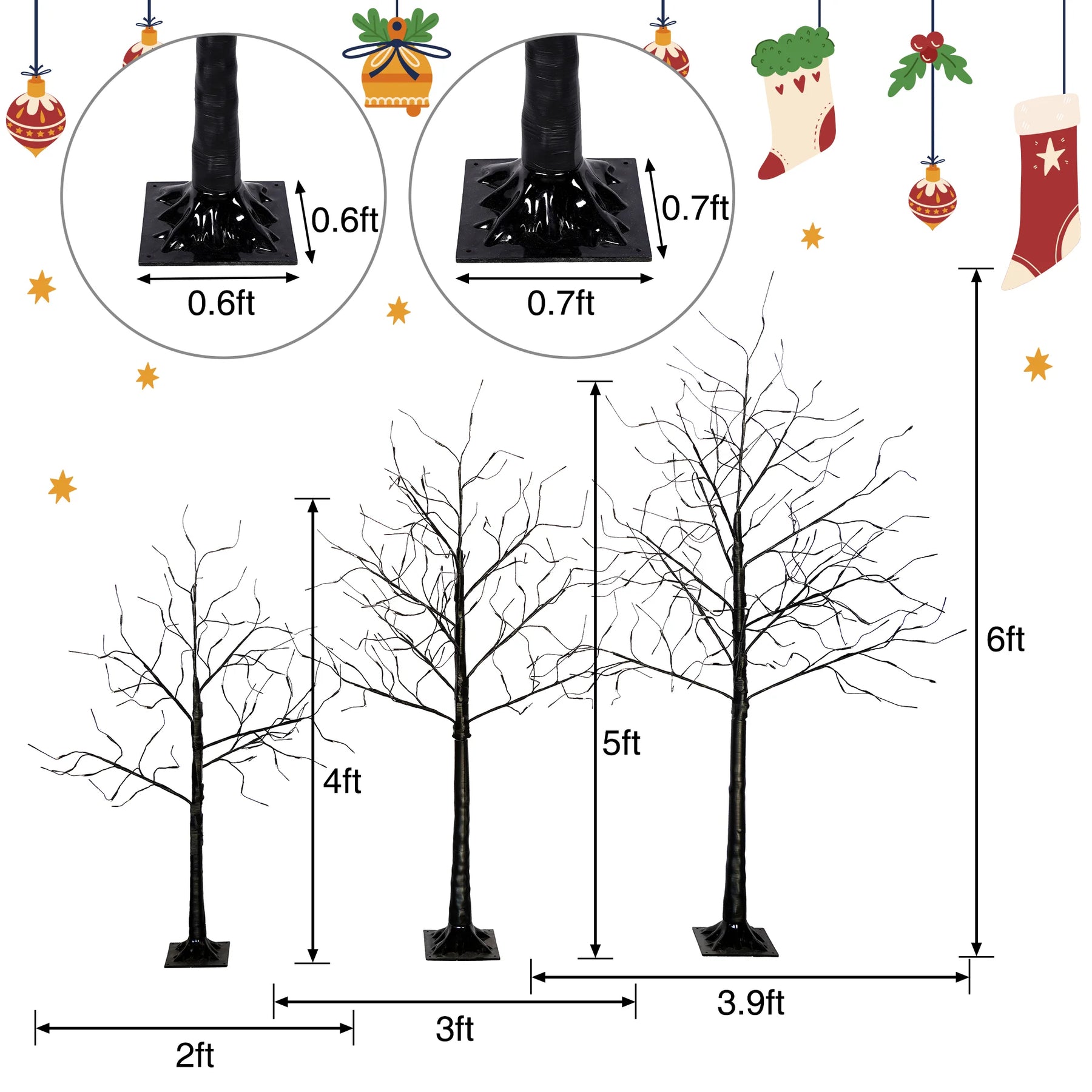 AECOJOY 3 Pac Christmas Tree with Purple Lights, 4FT 5FT and 6FT, Lighted Black Tree for Halloween Decoration