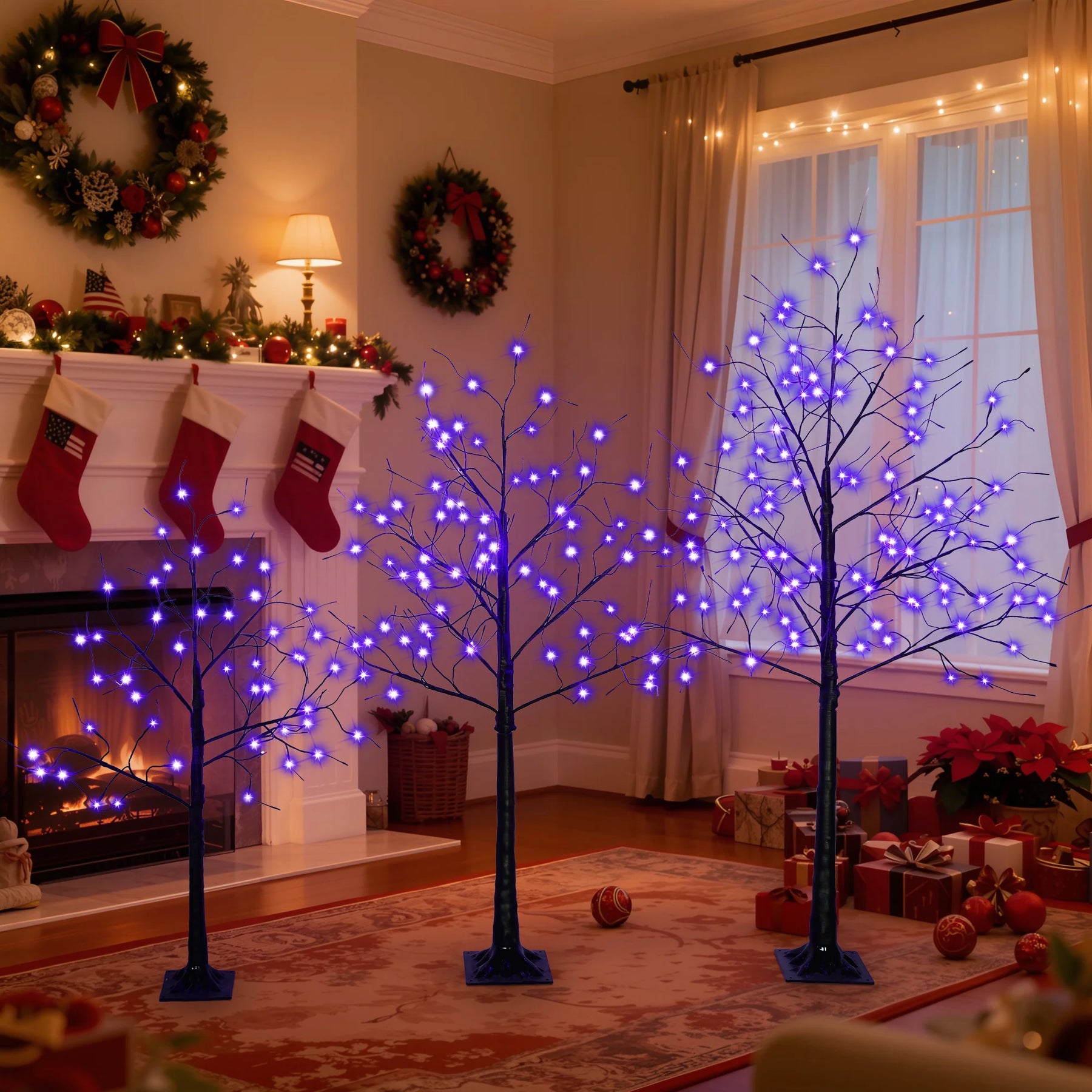 AECOJOY 3 Pac Christmas Tree with Purple Lights, 4FT 5FT and 6FT, Lighted Black Tree for Halloween Decoration