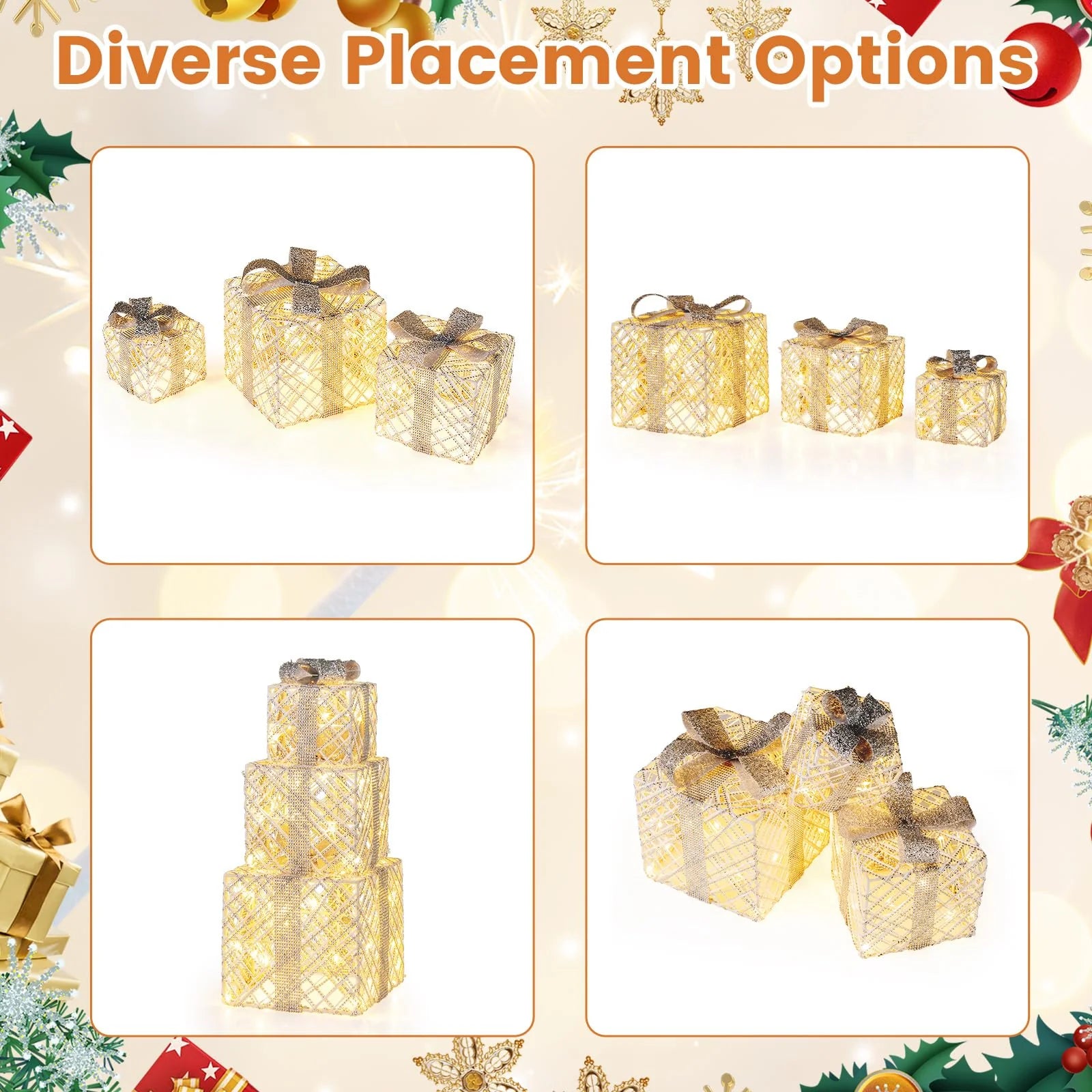 Tangkukla 3 Pack Christmas Lighted Gift Box, Pre-Lit Festive Boxes w/ 50 LED Lights