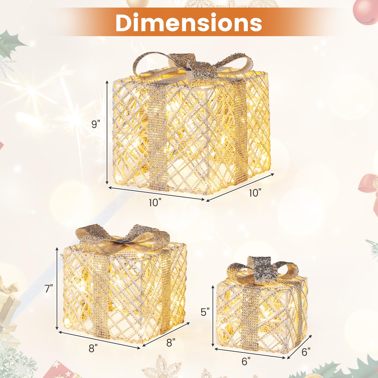 Tangkukla 3 Pack Christmas Lighted Gift Box, Pre-Lit Festive Boxes w/ 50 LED Lights
